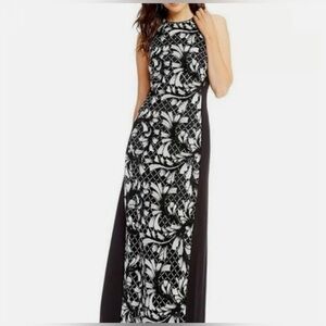Badgley Mischka Black and White Halter Maxi Gown